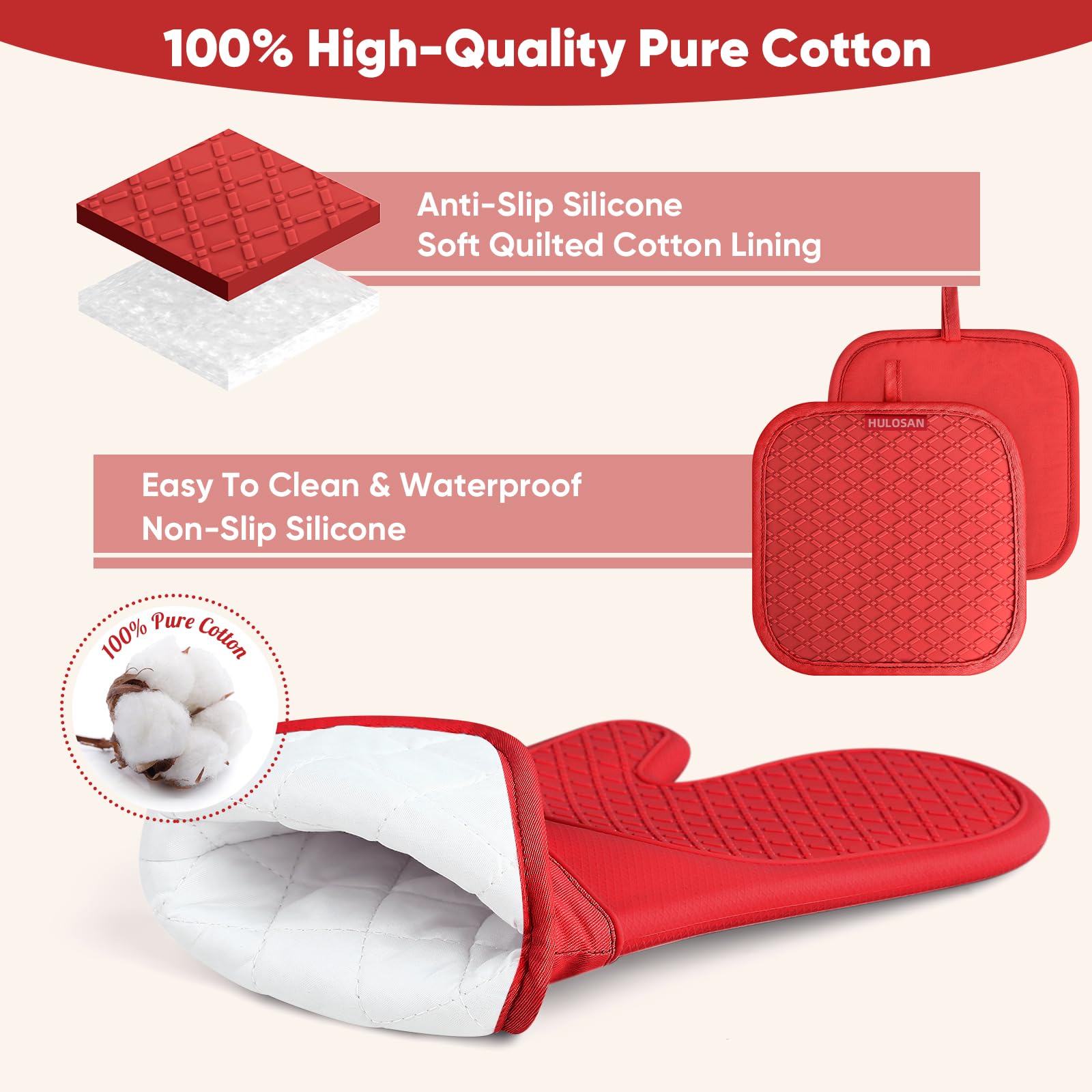 Guanti da forno in silicone, strofinacci da cucina, 100% cotone, per cucina, super morbidi e assorbenti, strofinacci da cucina, presine, guanti da forno resistenti al calore, impugnatura in silicone,