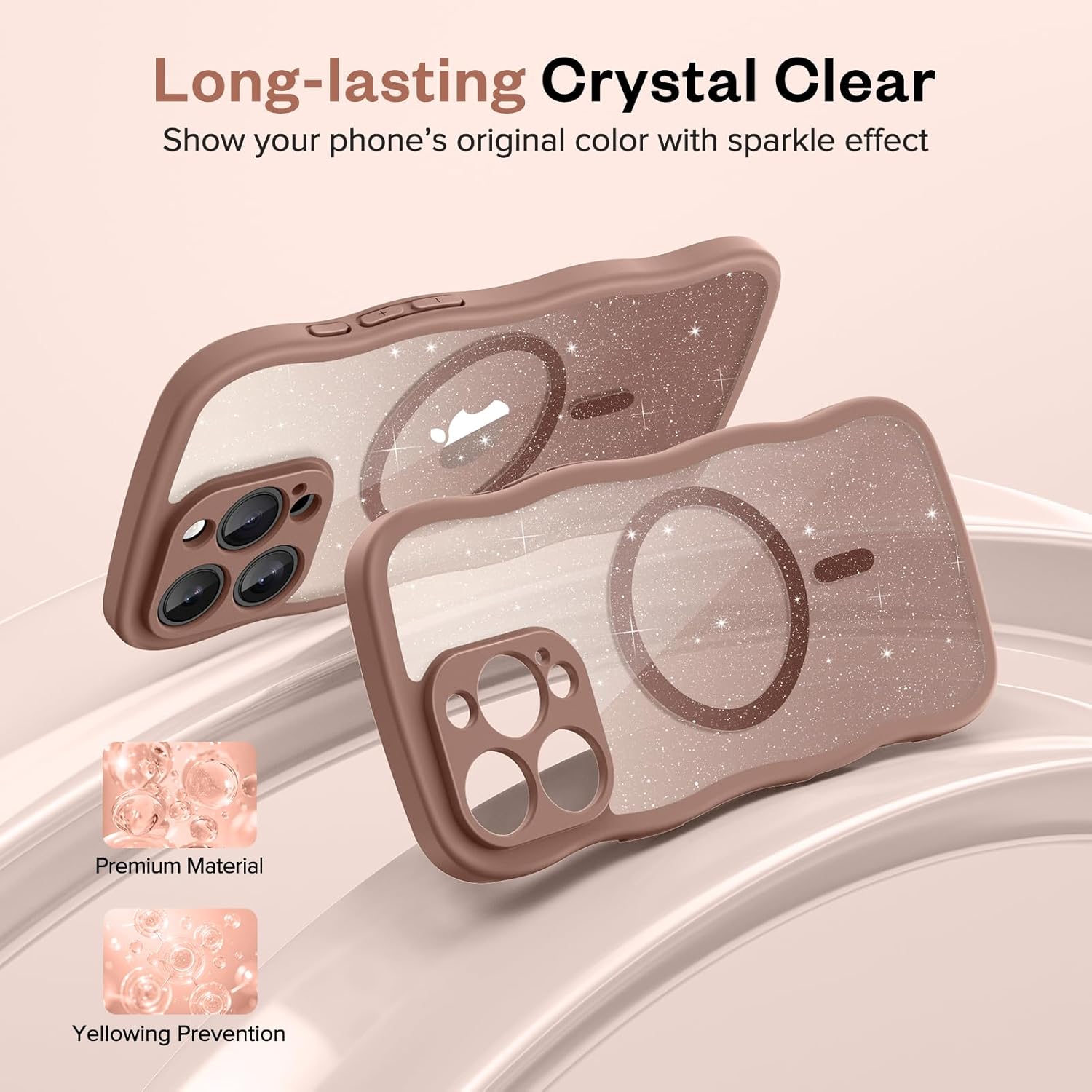 GVIEWIN for iPhone 16 Pro Case Compatible with Magsafe, [Full Camera Protection] [Not Yellowing] Wavy Frame Shockproof Gradient Glitter Slim Women Phone Cover with Camera Control, Brown - Image 7