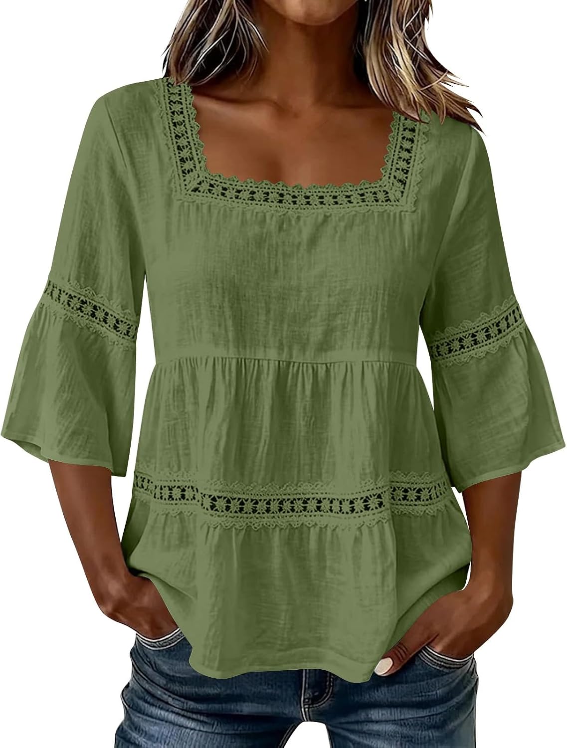 Women's Square Neck Peplum Blouse 3/4 Sleeve Cotton Linen Casual Lace Trim Top Boho Summer Beach Loose Fit Shirt