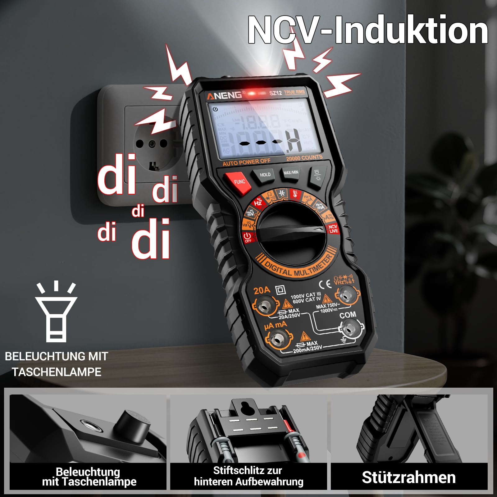 ANENG Multimeter, 20000 Counts TRMS Voltmeter, Max/Min,AC/DC,NCV für Kfz | Misst AC/DC-Spannung und -Strom, Widerstand, Kapazität und Dioden; großes LCD mit Hintergrundbeleuchtung,Magnethalterung