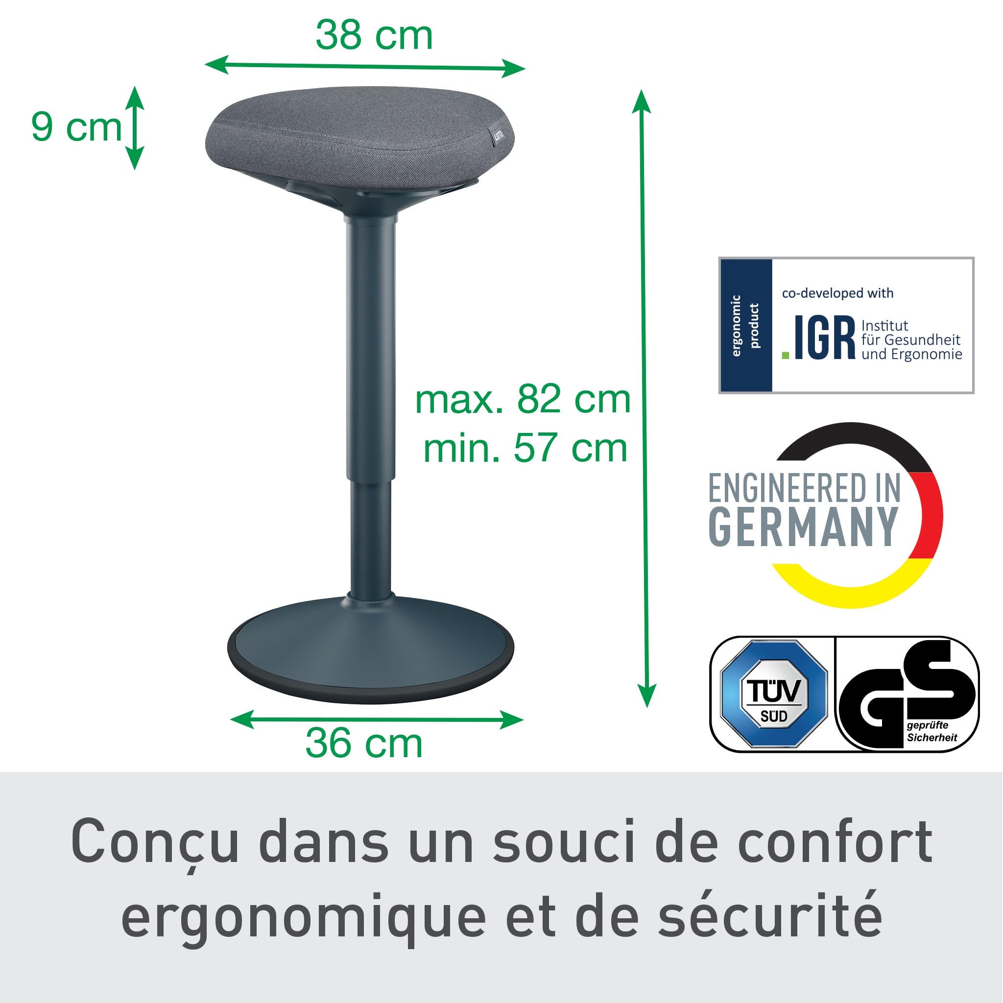 Leitz, Tabouret Assis-Debout Ergonomique, Pivotant & à bascule, Hauteur réglable de 57 à 82 cm, Chaise / Siège de bureau, Supporte jusqu'à 110kg, Gamme Ergo, Gris foncé, 65450089