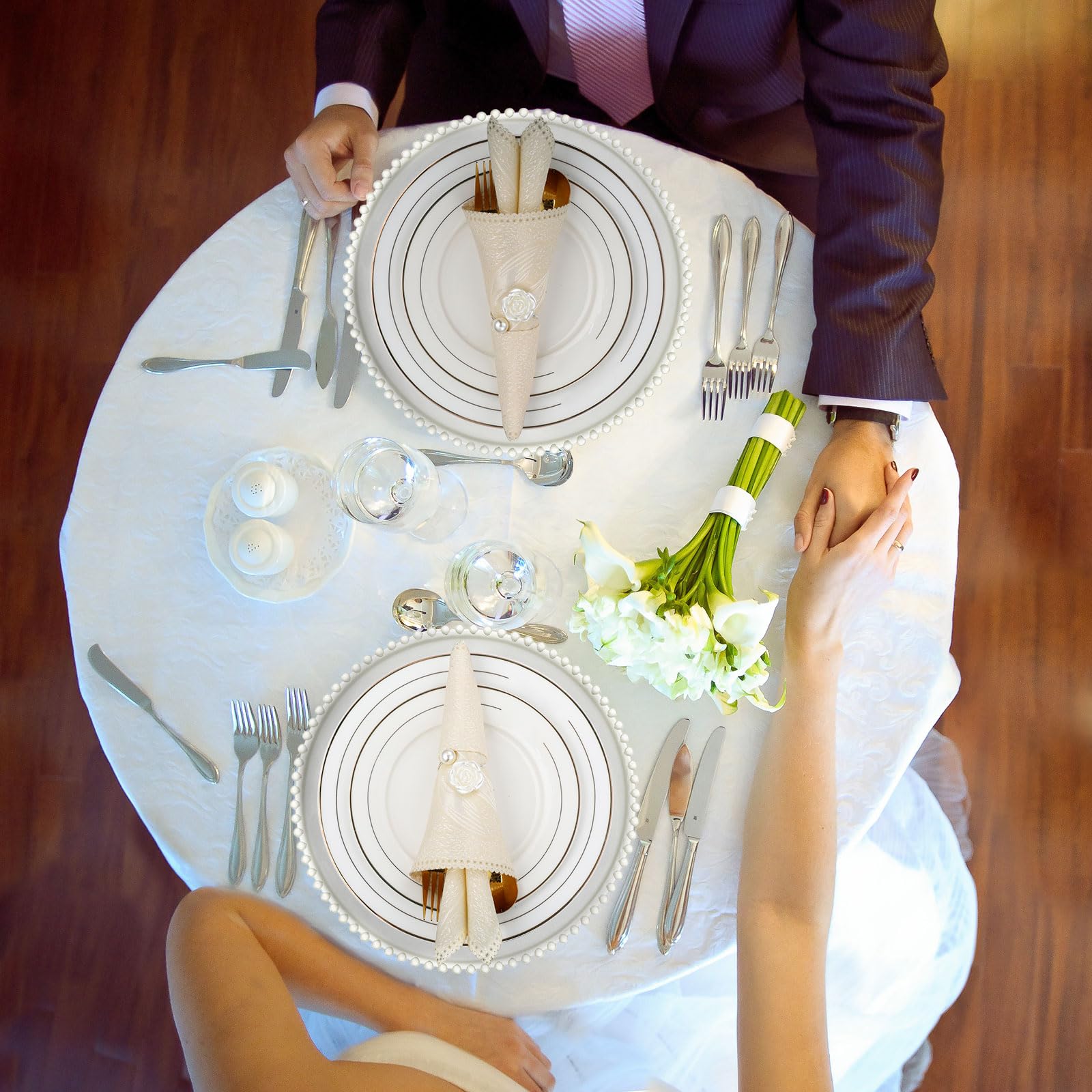 Tioncy 12 transparente Platzteller mit Serviettenringen, 33 cm, Kunststoff, runde Platzteller mit Perlenrand, Esstischdekoration für Weihnachten, Urlaub, Party, Hochzeit, Tischdekoration (Rose, Silber