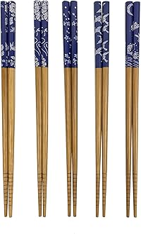 JapanBargain 3649, Bamboo Chopsticks Reusable Japanese Chinese Korean Wood Chop Sticks Hair Sticks 5 Pair Gift Set Dishwasher Safe, 9 inch (1, Blue Print)