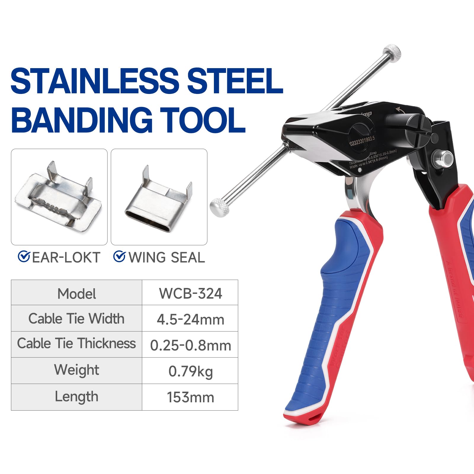 IWISS WCB-324 Herramienta de bandas de acero con funciones de tensión y corte, para sujetar sellos de ala, clips en L, hebillas de oreja en correas de acero inoxidable de hasta 24 mm de ancho