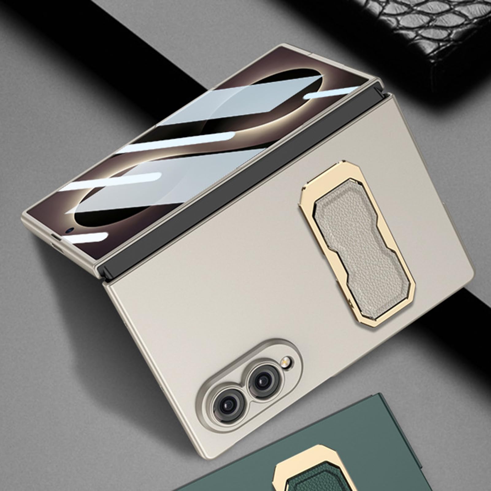Smukłe etui do Samsung Galaxy Z Fold 8, mały pasek na palec design mini stojak etui osłona ekranu osłona obiektywu osłona, szare