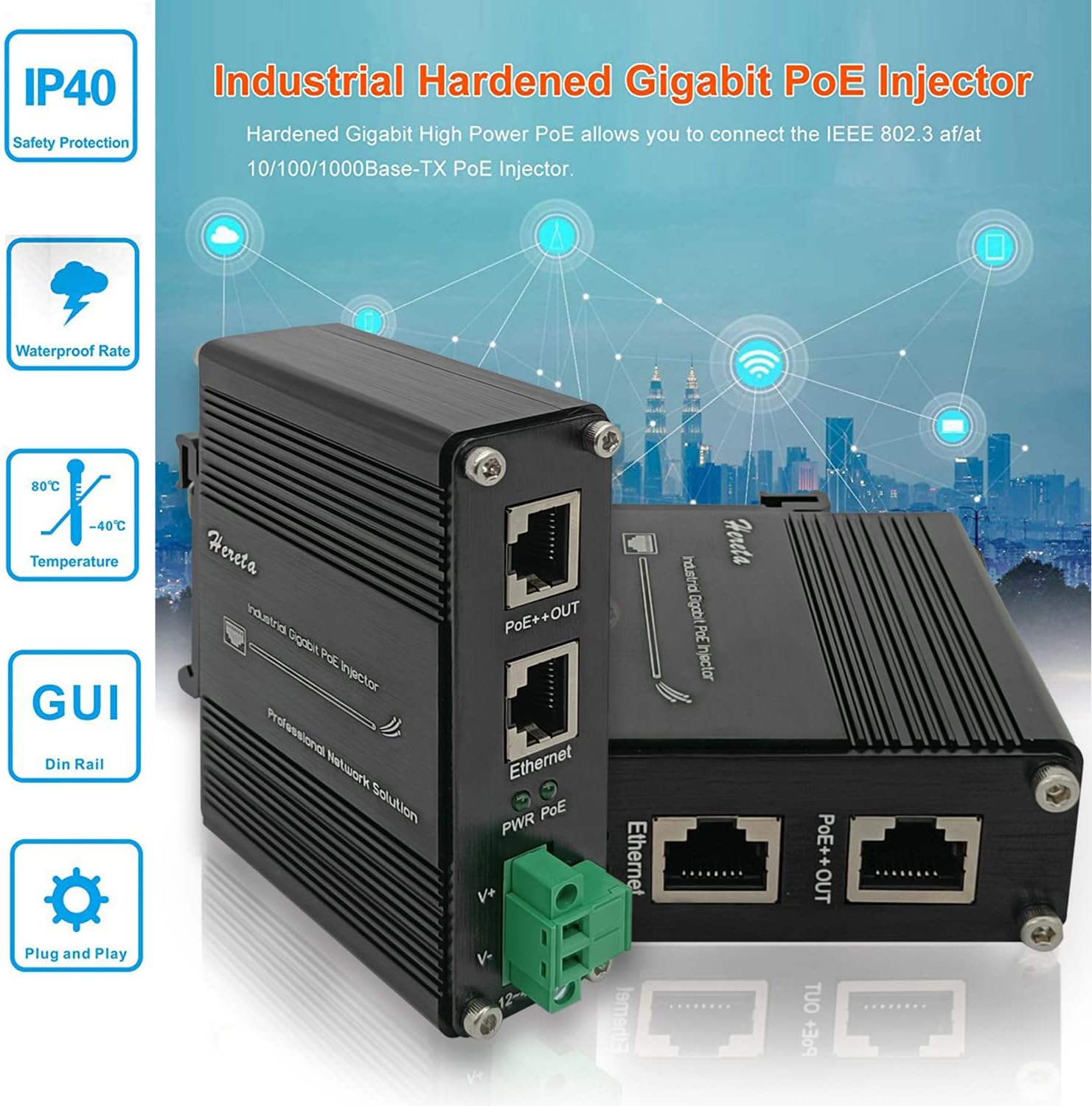 Hardened Industrial Gigabit PoE++ Injector 12-48VDC Input with DIN-Rail and Wall Mount Connecting The IEEE 802.3 bt PoE Device (95W)