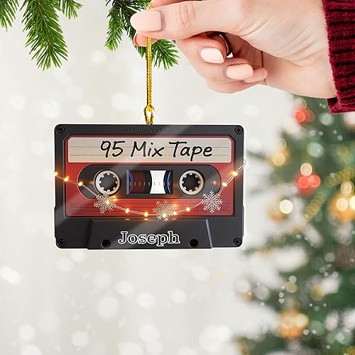 Miniatura 12 de Adorno de Navidad con cinta de casete personalizada, plano 2D, decoración musical retro con diseño de arcoíris, adorno único de árbol para fanáticos