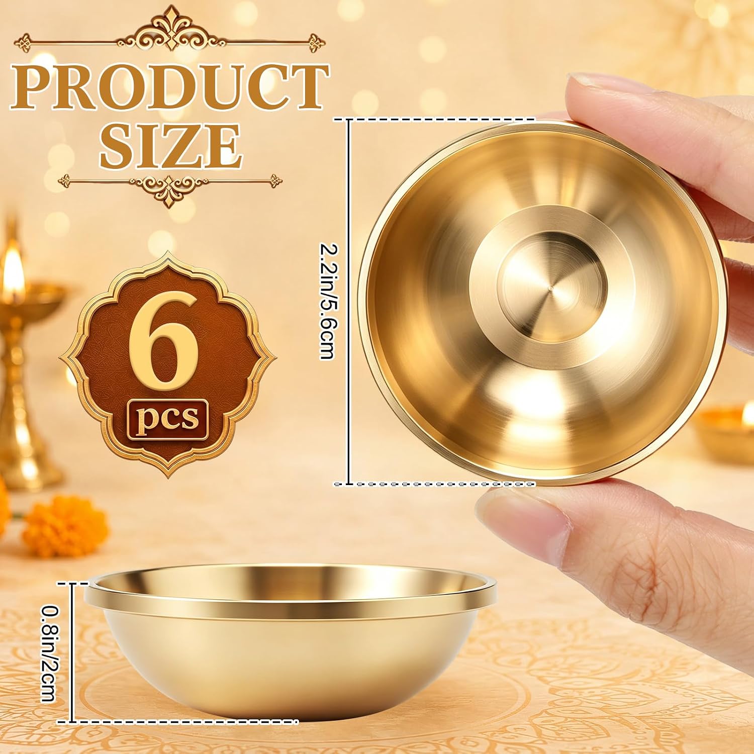 6 Pcs Pure Brass Bowls for Puja, 2.2 Inch Altar Offering Bowls