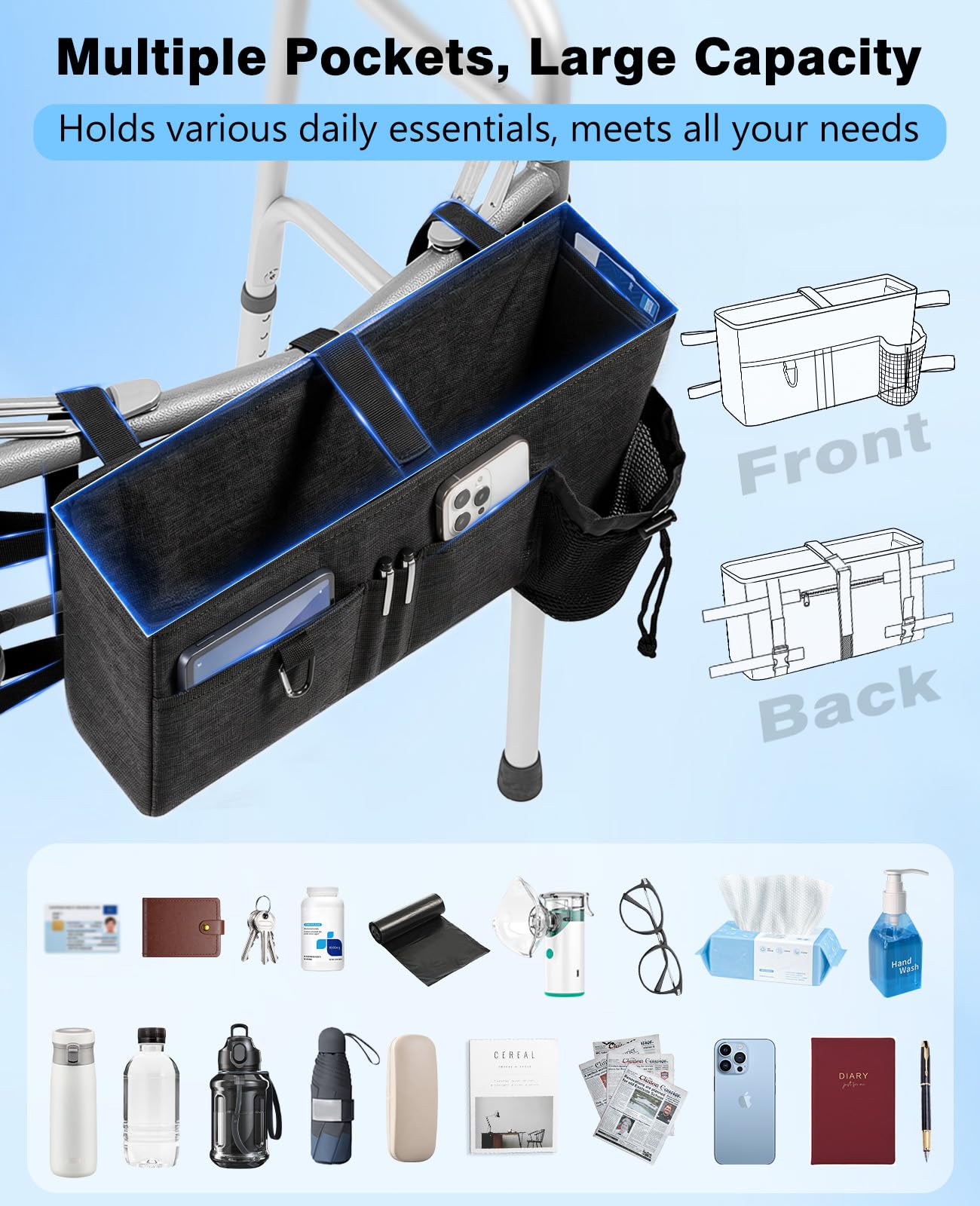 Rhino Valley Bolsa de Andador de Gran Capacidad, Cesta Plegable para Sillas de Ruedas con Múltiples Bolsillos Poliéster Resistente Organizador de Almacenamiento Universal para Personas Mayores, Negro