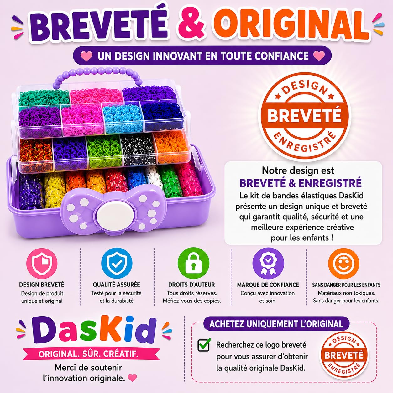 DasKid 17.000+ Loom Bands Kit 32 Vibrant Loom Bands Includes Stickers Loom Board, Alphabet Beads, Beads, S Hooks and Keychains Perfect Craft Kit for Boys and Girls with Purple Storage Box (17000)