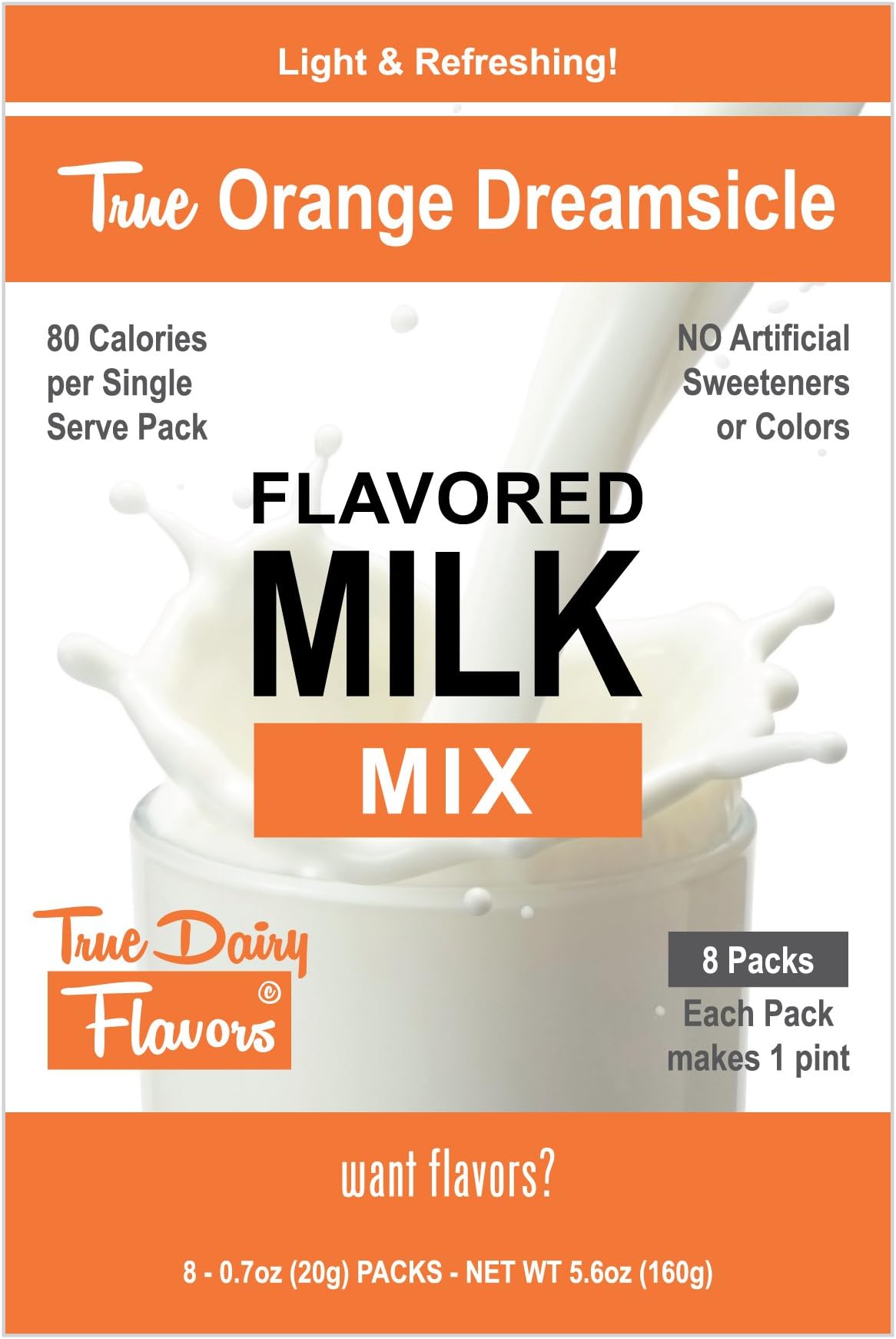 True Dairy Flavors Orange Dreamsicle Flavored Milk Mix, 8 Pack of 20 g Single Serve Sticks