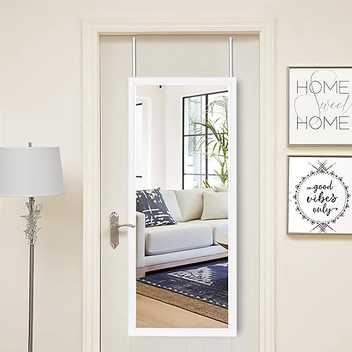 NeuType 43"x18" Over The Door Full Length Mirror, Door Wall Mirror, Wall Mount Over The Door Hanging Mirror with 2 Metal Hangers for Wall Bedroom, Bathroom, Living Room, Home Decoration (White)
