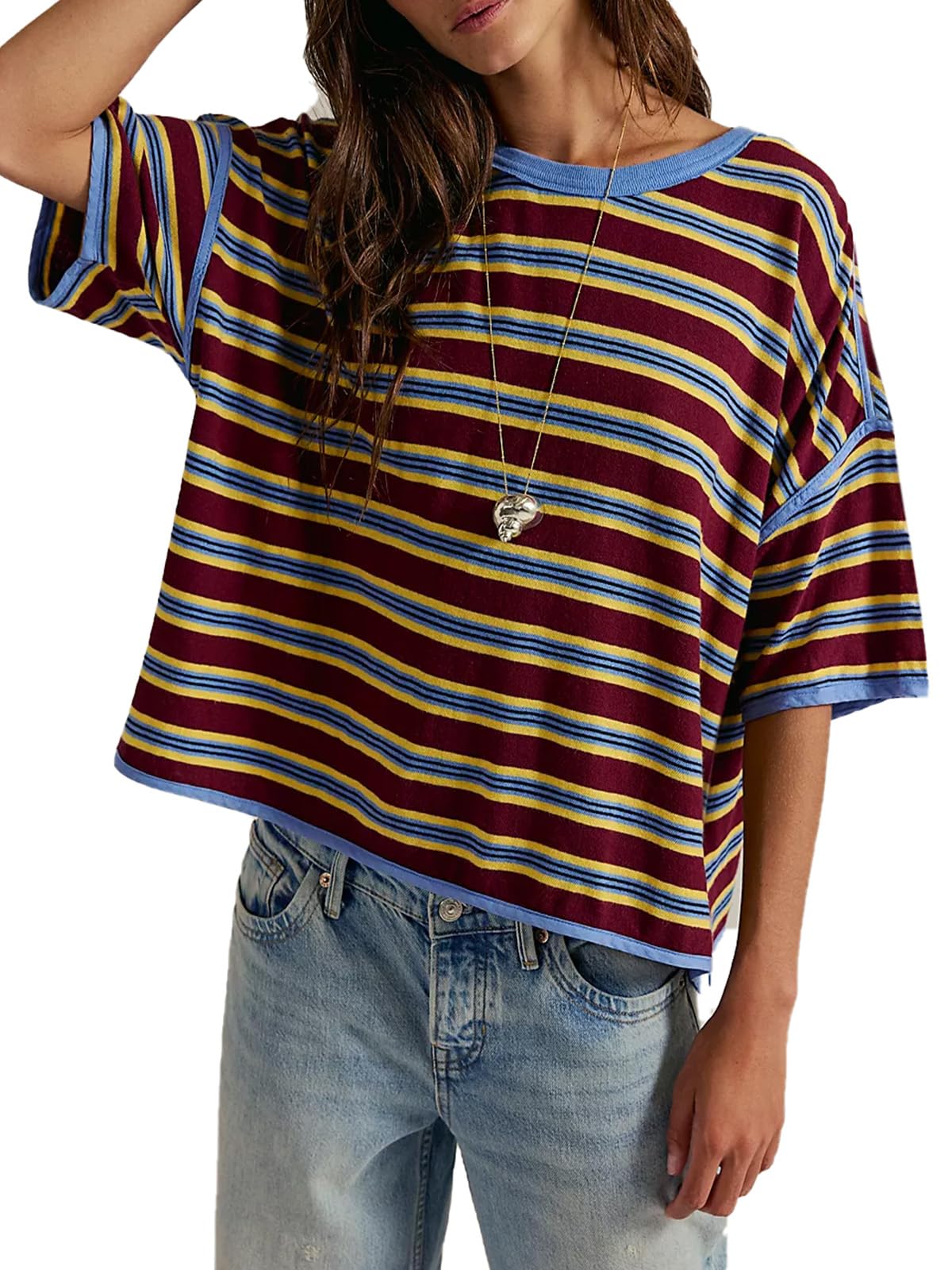 Womens Oversized Striped Tshirt Boxy Fit 90s Retro Casual Ringer Tee