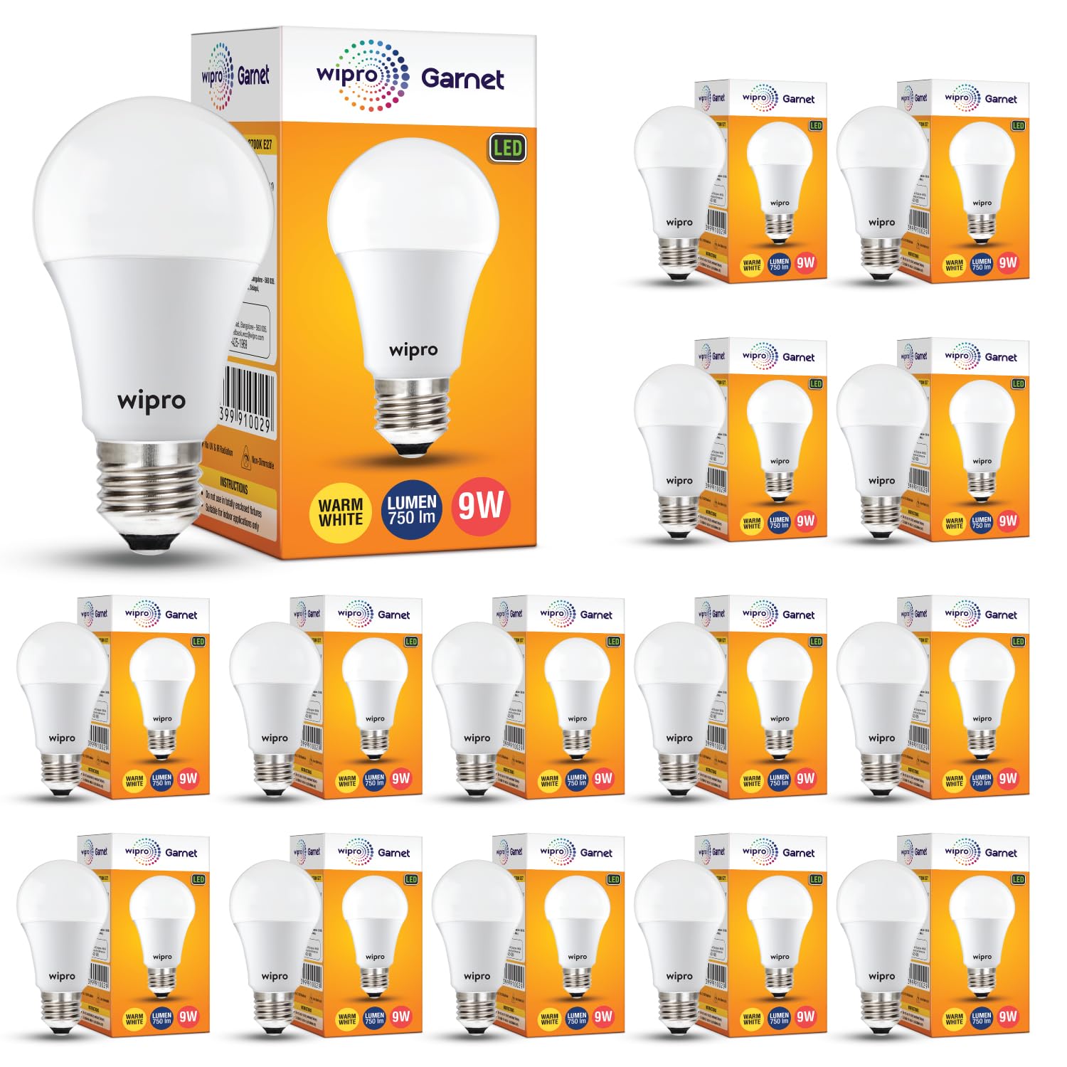 wipro Garnet 9W LED Bulb for Home & Office |Warm White (2700K) | E27 Base|220 Degree Light Coverage |4Kv Surge Protection |400V High Voltage Protection |Energy Efficient | Pack of 15