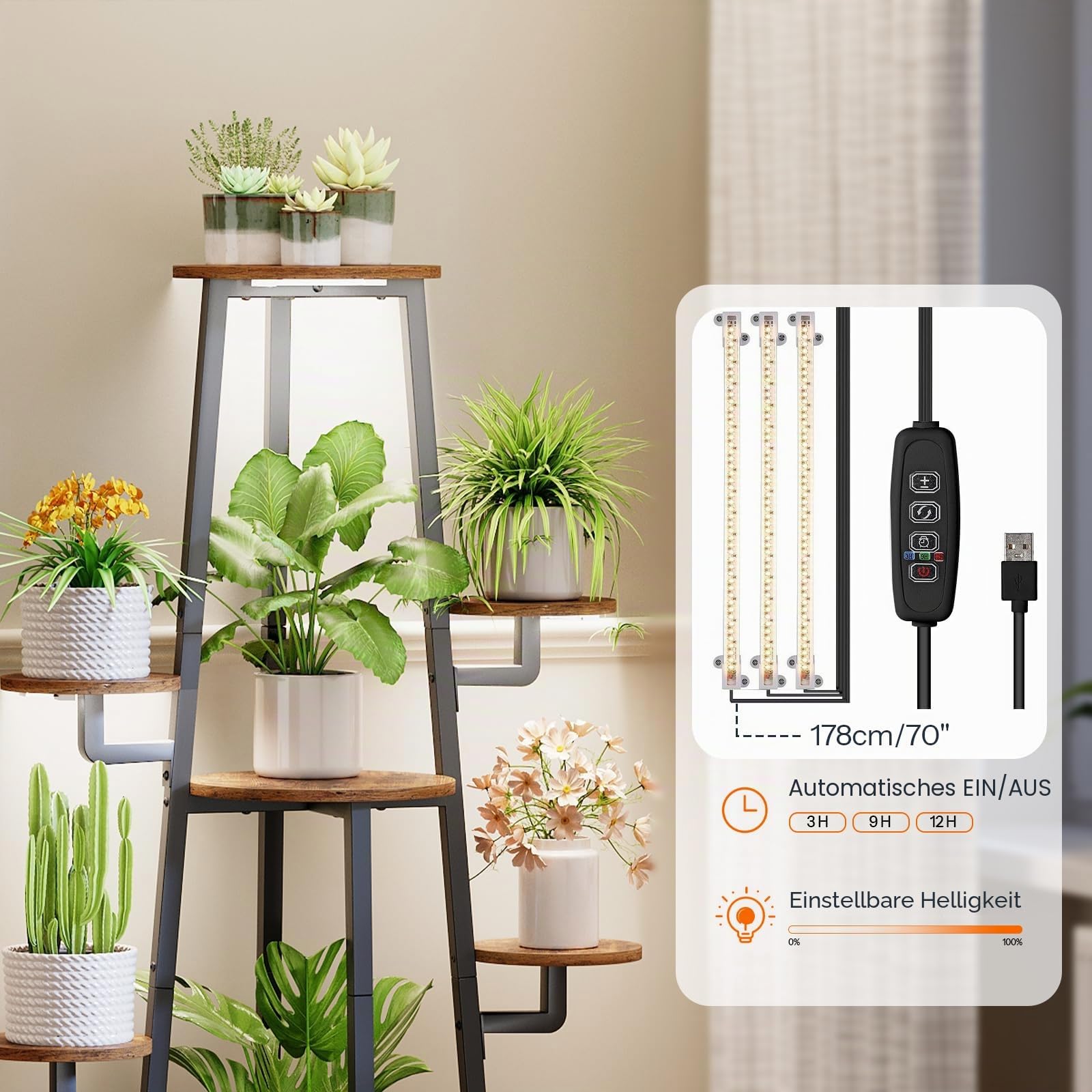 HOOBRO Blumenständer mit Pflanzenlampe, 7 Ebenen Pflanzenständer, Indoor Pflanzenhalter für Wohnzimmer, Blumenregal für Innen Garten Balkon, Vintagebraun und Schwarz EBF04DHJ01