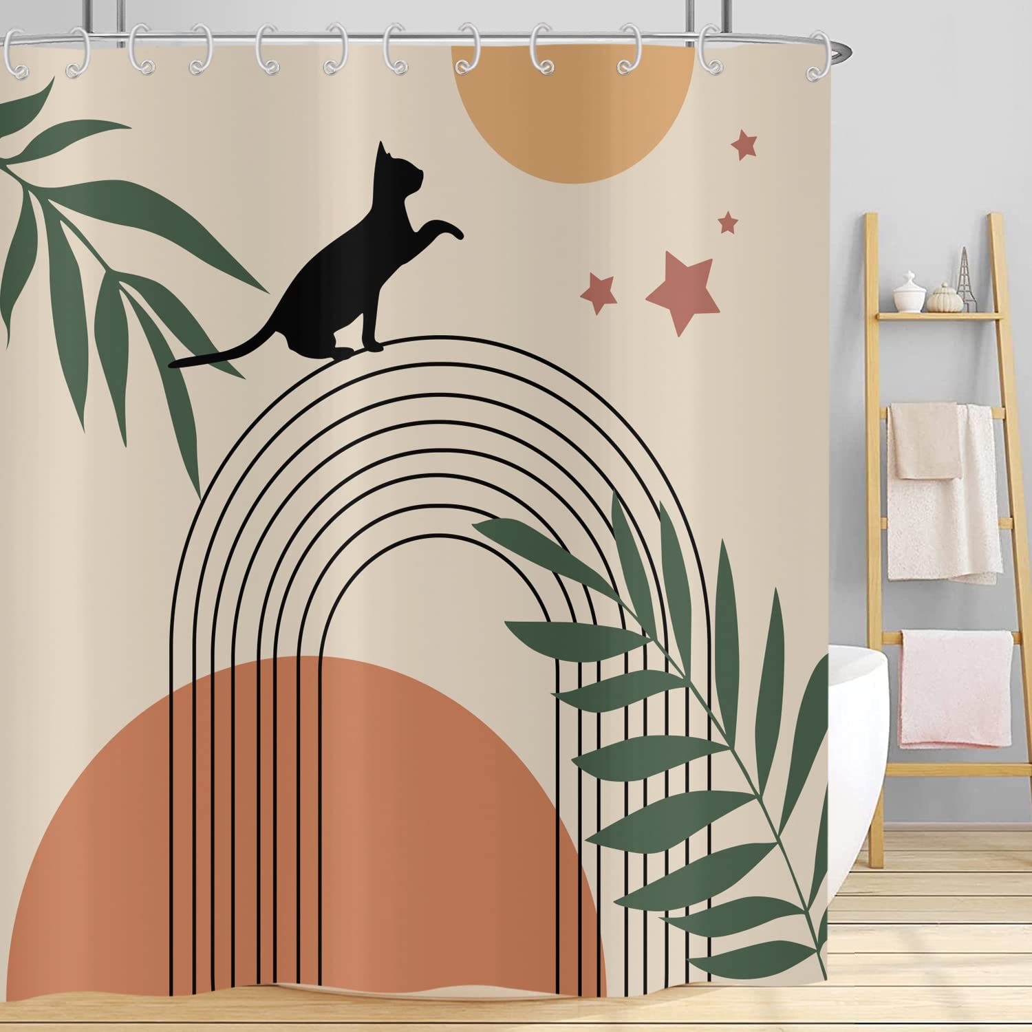 Boho Shower Curtain 120x180, Hnmdmyi Mid Century Abstract Black Cat Green Leaf Arch Sun Moon Beige Bathroom Curtains Modern Minimalistic Geometric Aesthetic Art Waterproof Fabric Washable Bath Curtain — image 1