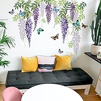 Vista 1 de HUANLE Calcomanías de pared de flores de glicina colgantes, plantas verdes, ratán, flores moradas, mariposas, decoración de habitación, ramo