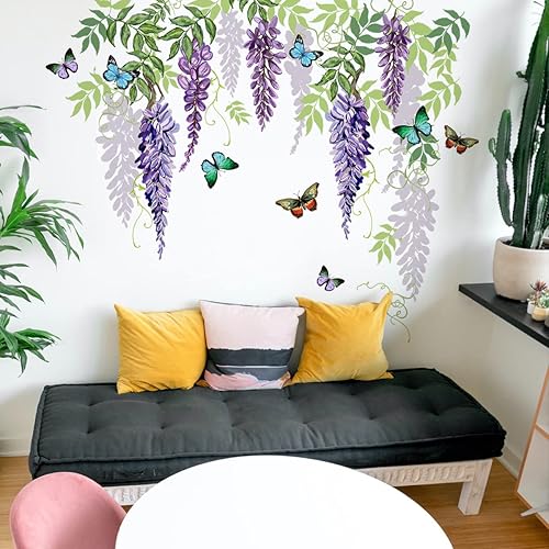 HUANLE Calcomanías de pared de flores de glicina colgantes, plantas verdes, ratán, flores moradas, mariposas, decoración de habitación, ramo de