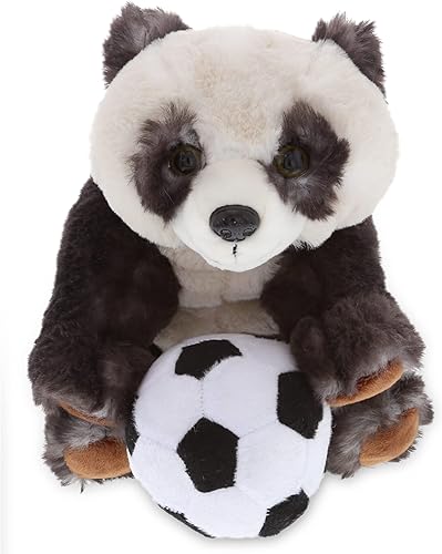 DolliBu Peluche de panda en cuclillas con pelota de fútbol, panda suave y abrazable, adorable juguete de peluche de panda para jugar, lindo regalo