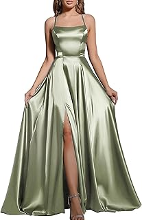 Women's Spaghetti Straps Prom Dresses Long Satin Bridesmaid Dress with Slit Formal Party Gown - Buy now