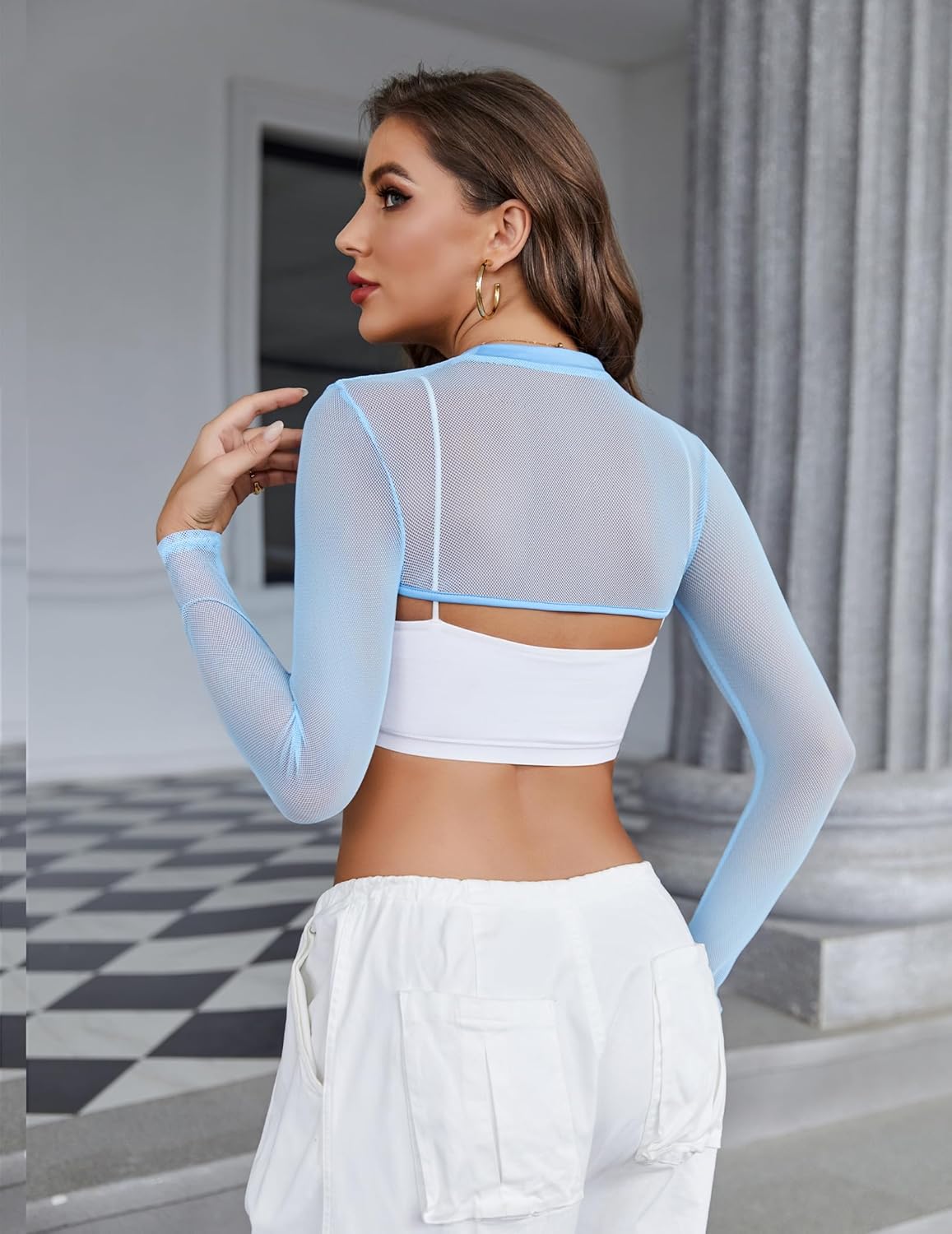 Avidlove Mesh Crop Tops for Women Mock Neck Long Sleeve Crop Top See Through Shirt Top Sexy Clubwear - Image 2