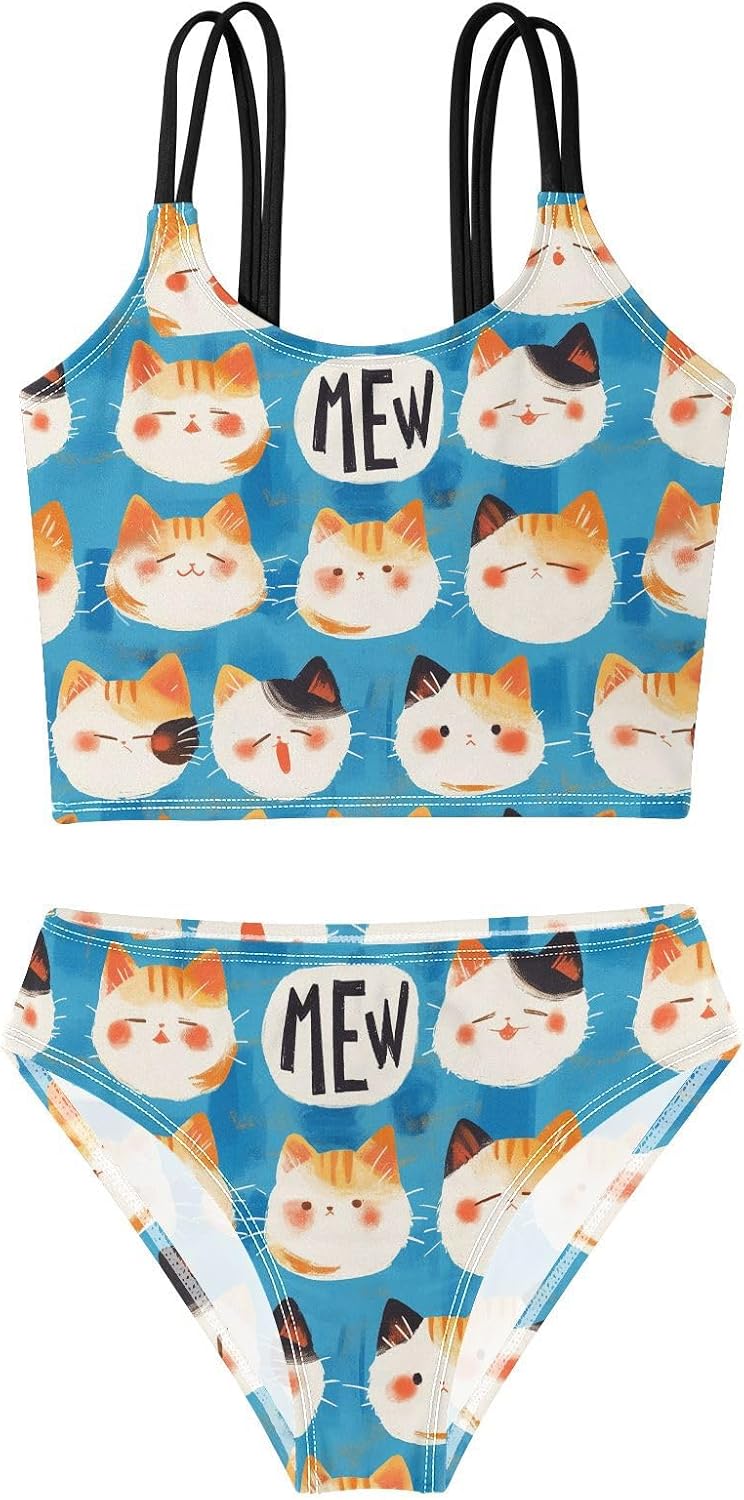 visesunny Girls Two Piece Swimsuits Fat Cat's Head Girl's Bikini Sets Bathing Suits for Girls Size 5-12Y