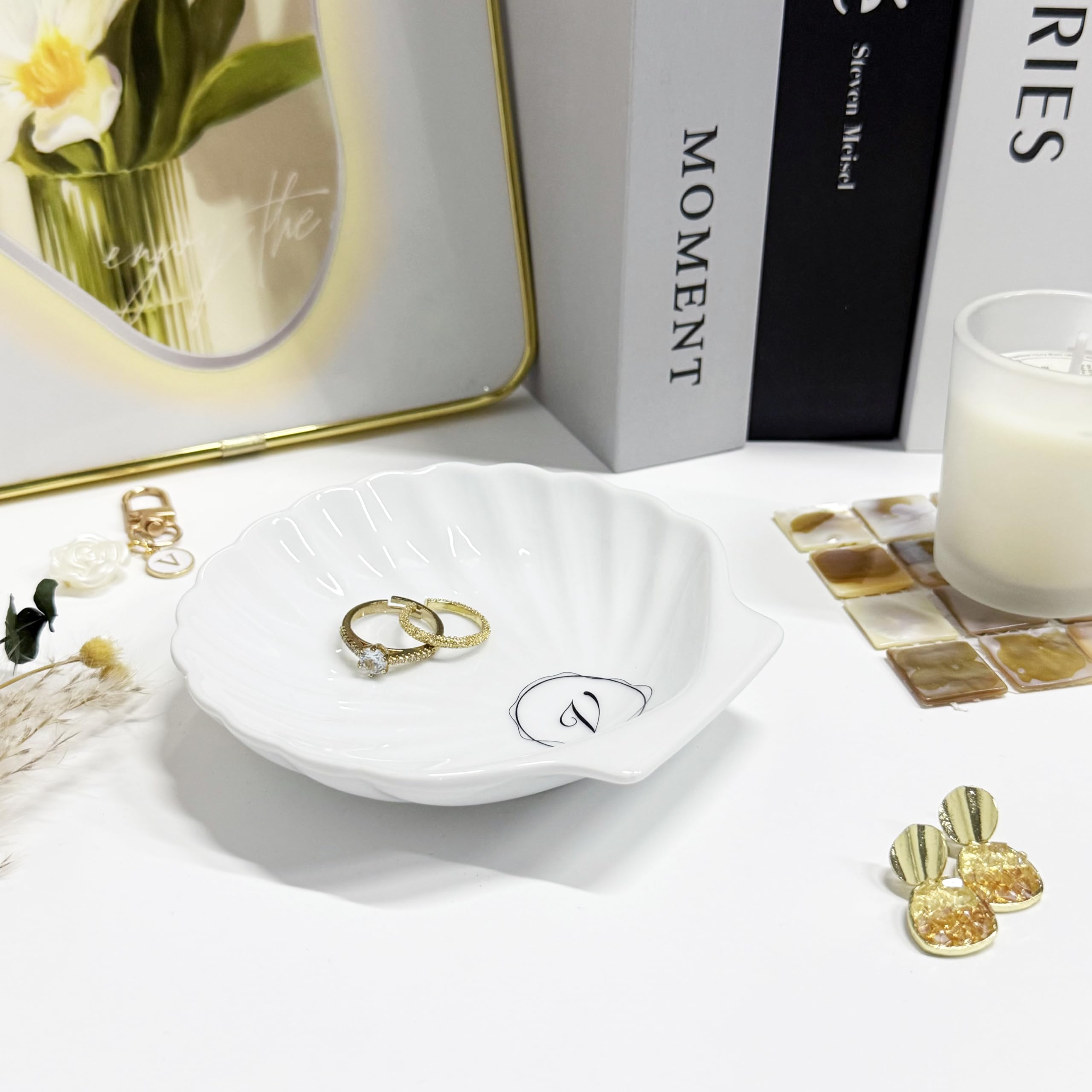 TIGERMILLION Ceramic Shell Ring Dish – Jewelry Holder Tray, Aesthetic Decor, Gift For Bride/Women (4.6 Inch)