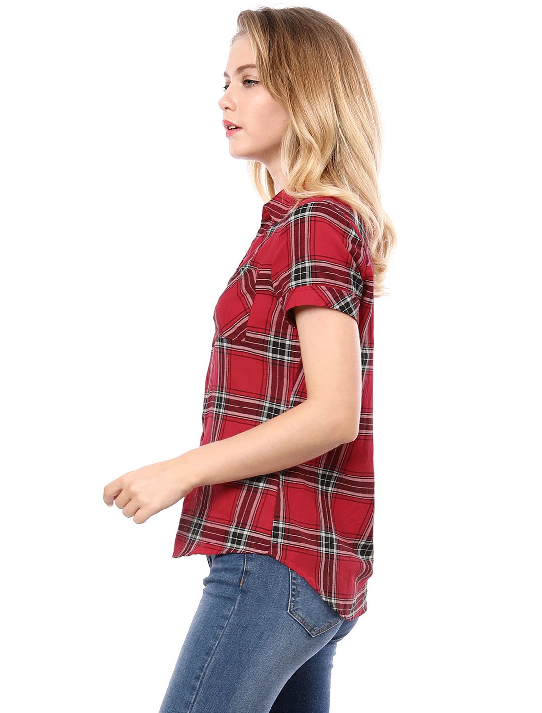 Allegra K Chemise classique à carreaux en coton pour femme - Rouge - Taille 3XL