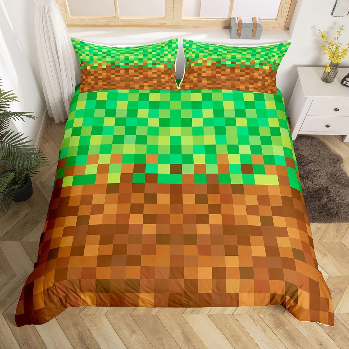 Manfei Pixelated Bedding Set Queen Size,Video Games Gamepad Miners Duvet Cover Set for Adults Women Bedroom Decor,Geometric Grid Bedding Collection,Brown Green 3 Pcs Quilt Cover,No Comforter