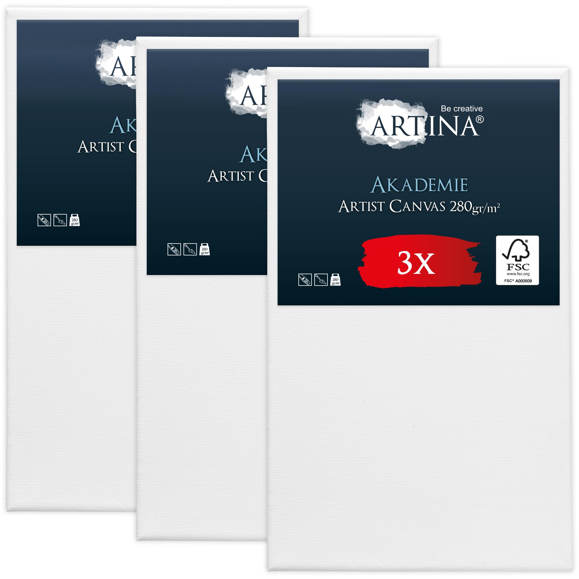 Artina FSC® Large Canvas for Painting 60x100 cm - 3pcs Blank Canvases for Art for Acrylic, Watercolour & Oil Painting - 100% Cotton Canvas Stretcher Frame 280 g/m² - Akademie