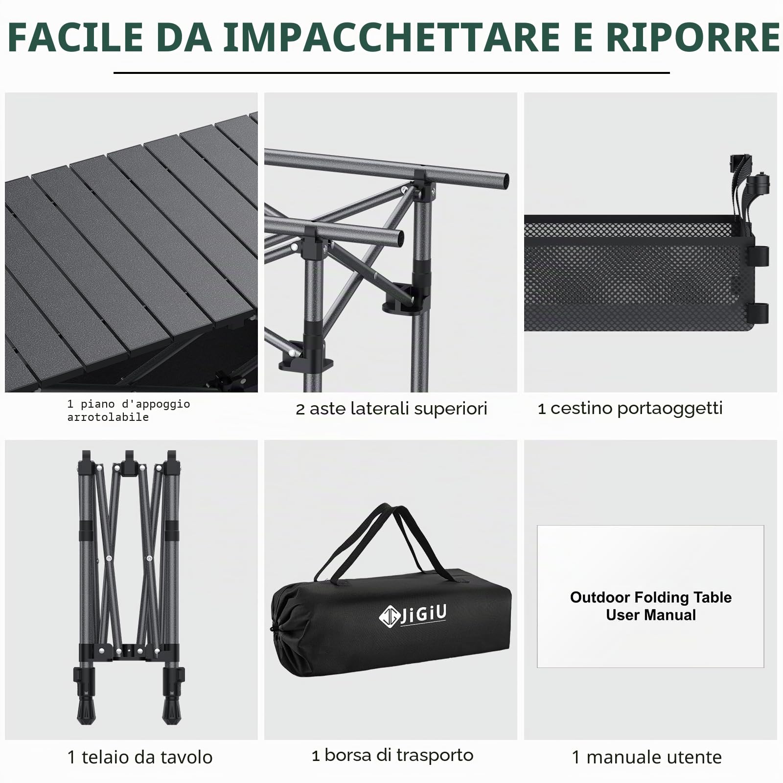JiGiU Tavolo Pieghevole da Esterno 70 cm Nero Regolabile in Altezza-Design a Pacchetto Compatto con Rete Portaoggetti, per Campeggio, Giardino, Spiaggia e Picnic