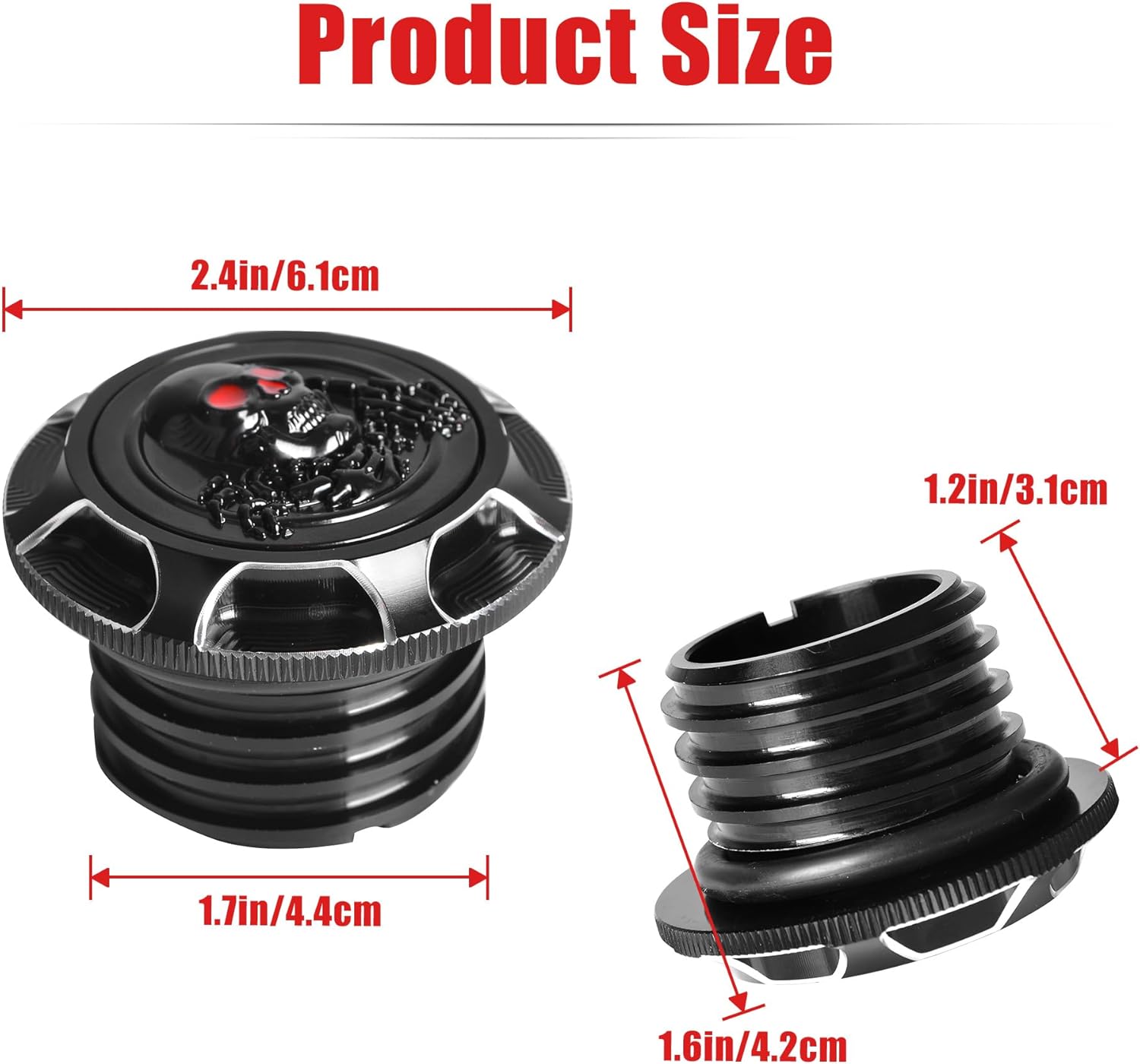 Goldfire Gas Cap Fuel Tank Oil Cap Covers 3D Skull CNC Aluminum Fit for Harley Sportster 1200 883, Softail, Road King, Iron 883 1200, Freewheeler, Forty Eight, Fat Boy, Dyna (Black with Red Eyes)