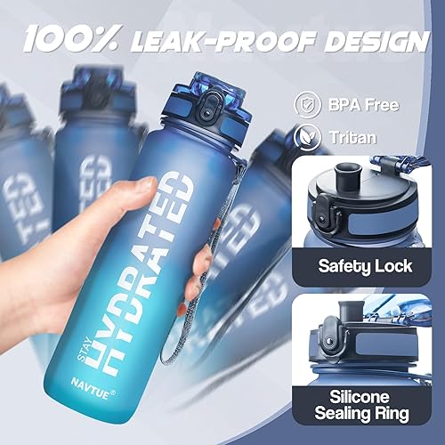 Miniatura 3 de Botella de agua, botellas de agua deportivas de 32 onzas con marcador de tiempo, boca ancha, botella de bebida motivacional y a prueba de fugas,