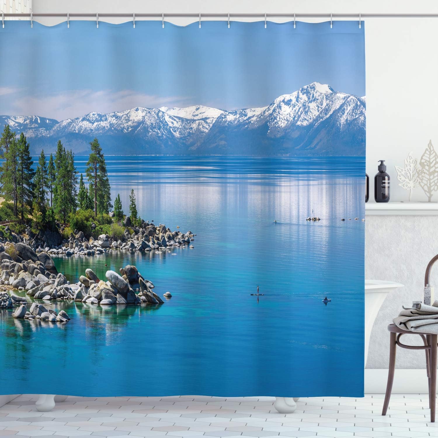 Ambesonne Landscape Shower Curtain, Blue Waters of Lake Tahoe Snowy Mountains Pine Trees Rocks Relax Shore, Cloth Fabric Bathroom Decor Set with Hooks, 69" W x 75" L, Pale Blue Green Grey
