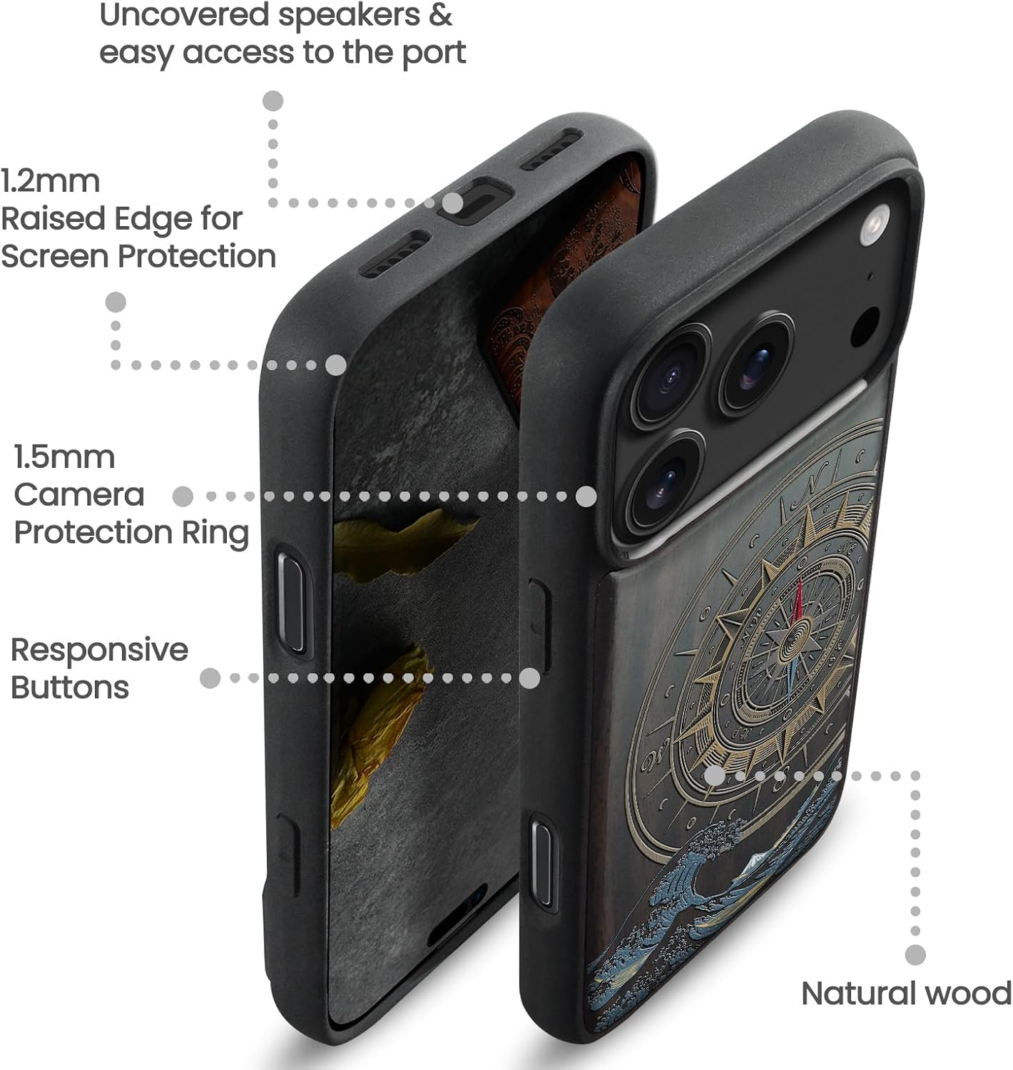 Magnetic for iPhone 17 Pro Case Compatible with MagSafe Wireless Charging, Wooden Cover & Shockproof TPU Phone Case, Dark Wood Hand-Drawn Pattern - Compass and Wave