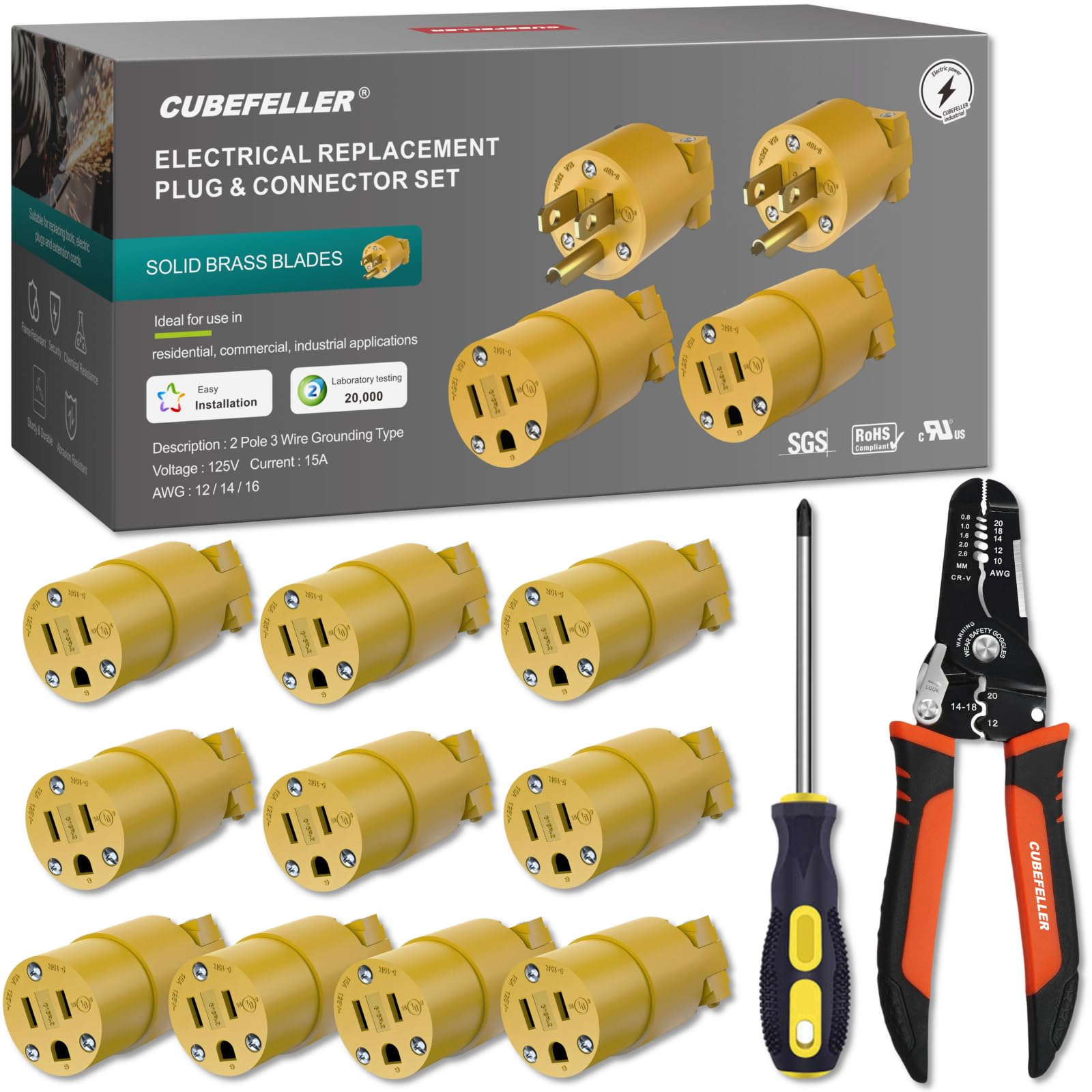 CUBEFELLER® Electrical Replacement Connector , Extension Cord Ends Female, 3 Prong,15 Amp 125 Volt, NEMA 5-15P & 5-15R, UL Listed,Comes with a Wire