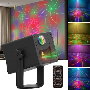 جهاز عرض محمول قابل لإعادة الشحن يعمل بالليزر RGB-LED مع صوت نشط لـ DJ Disco Stage Party Xmas Pub KTV Dance Mood Birthday Wedding in Car Travel Show Home Camp Trip RGB LED & RG أنماط الليزر