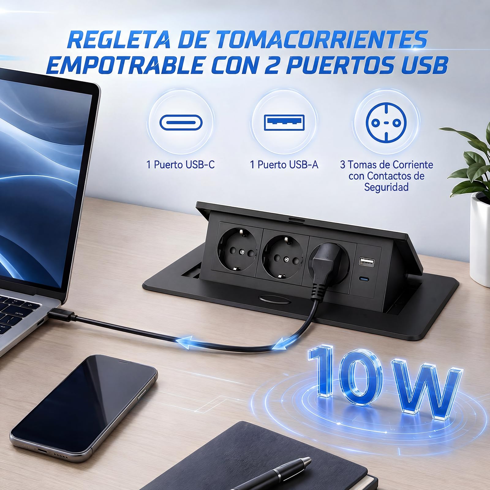 Enchufe Empotrable Mesa, Regleta Empotrable Base Múltiple Retráctil para Escritorio/Mesa Toma Empotrada con 3 Tomas Schuko + 2 USB (1 Tipo A + 1 Tipo C), Cable de 1,8 m, Negro