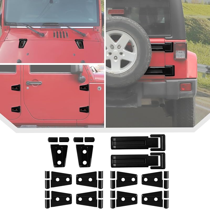 Kit de capas para dobradiças das portas, capô e tampa traseira JeCar preto para Jeep Wrangler JK JKU 2007–2018 – 12 peças