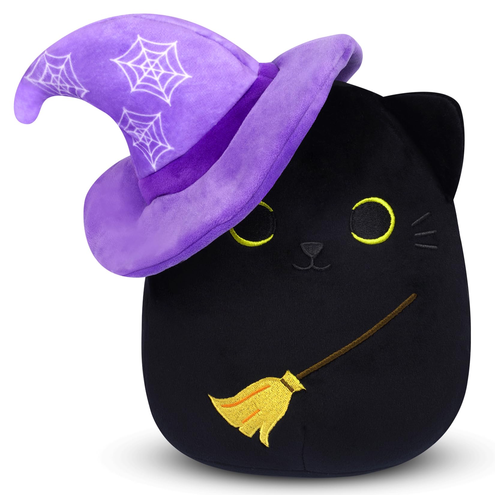 MUFEIRUO Halloween Black Cat Plush with Witch Hat and Embroidered Broom