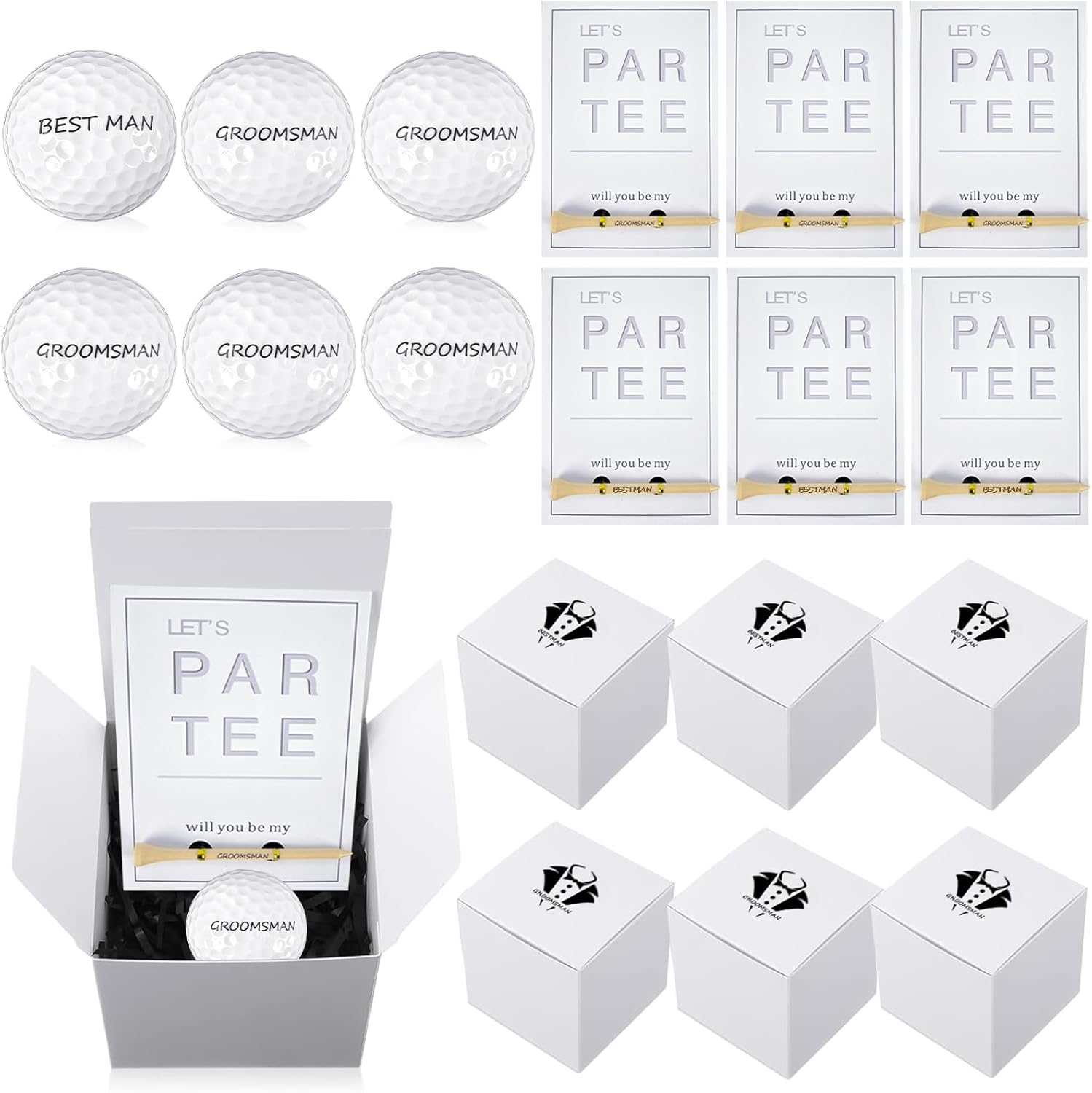 Huaerle 6 Sets Golf Groomsman Proposal Gift Box Set Grooms man Golf Balls Bamboo Golf Tees with Cards Box for Wedding Party Groomsman Best Men DIY Gifts