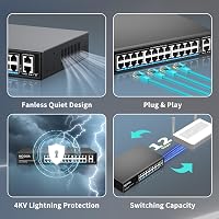 NICGIGA 24 Portos PoE+ Switch 320W - 2 Gigabit Uplink Porttal, VLAN Móddal, 250m Hatótávolsággal, 19" Rack Kompatibilis, Plug and Play Hálóz 6