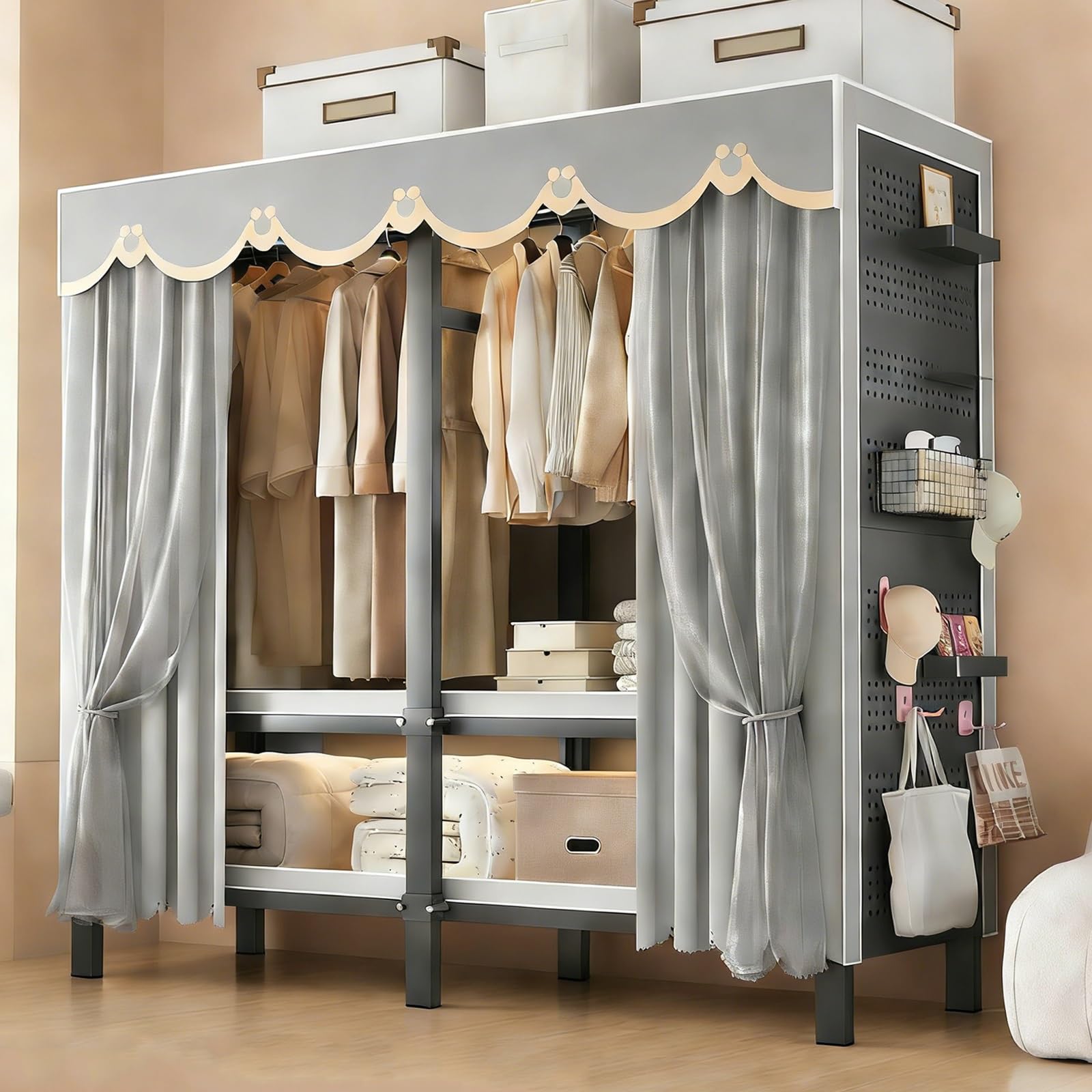 Stoffkleiderschrank mit Abdeckung, Faltbarer Kleiderschrank mit Lochwand zum Selbergestalten, Freistehender Kleiderständer aus Metall zur Aufbewahrung von Kleidung(Right,205cm/81in)