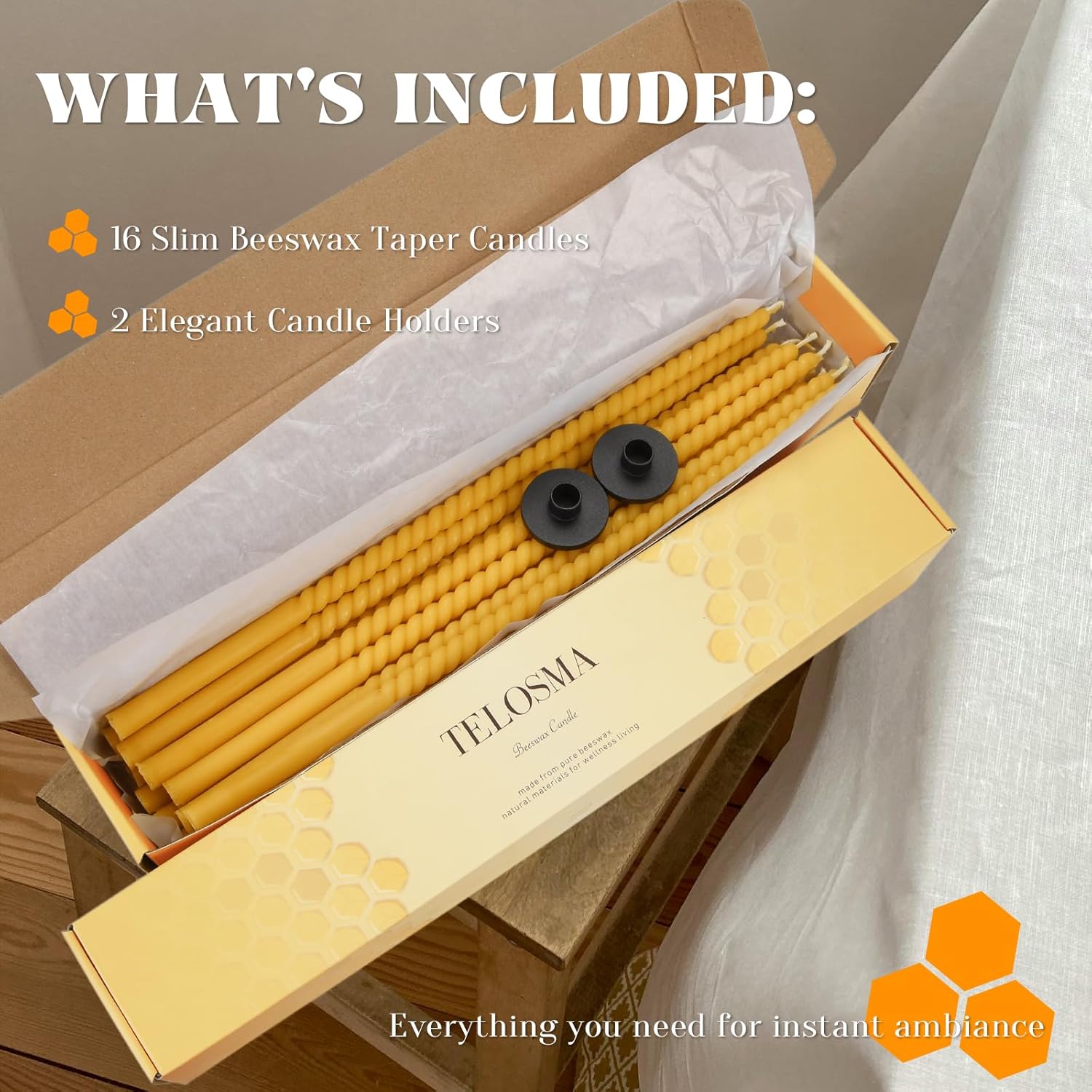 16 Pack 15-Inch Slim Beeswax Taper Candles（ 1/2 Inch ） with 2 Holders - Natural Drippless Spiral Thin Church Candle 0.5 inch Diameter, Yellow