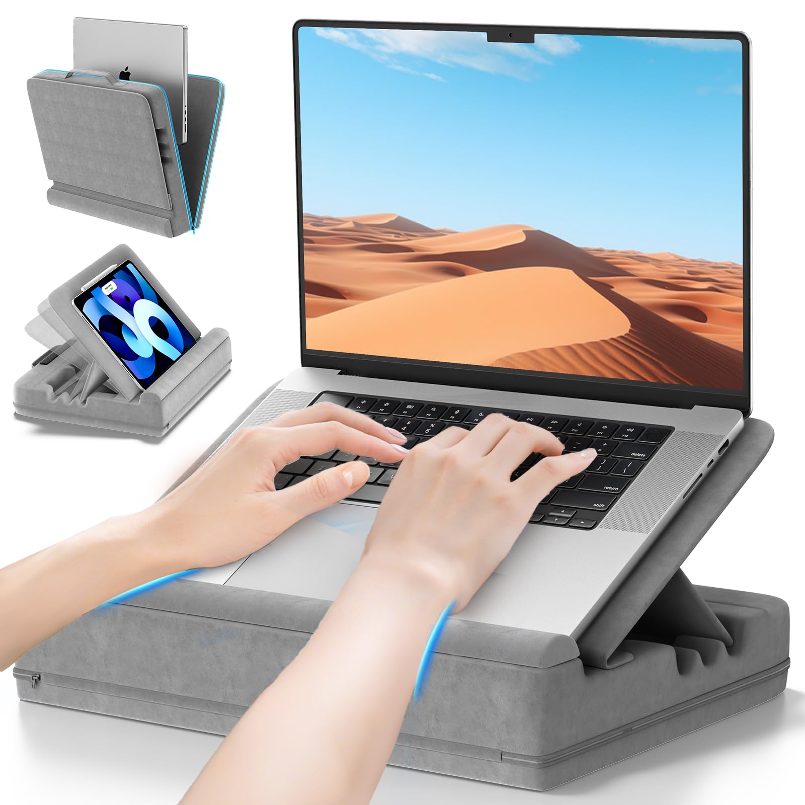Cuscino per Computer Portatile, Porta PC Scrivania con 3 Angolazioni Regolabili, Cuscino Laptop con Poggiapolsi, Supporto Laptop Scrivania Adatto per Lavoro e Domestico, Grigio