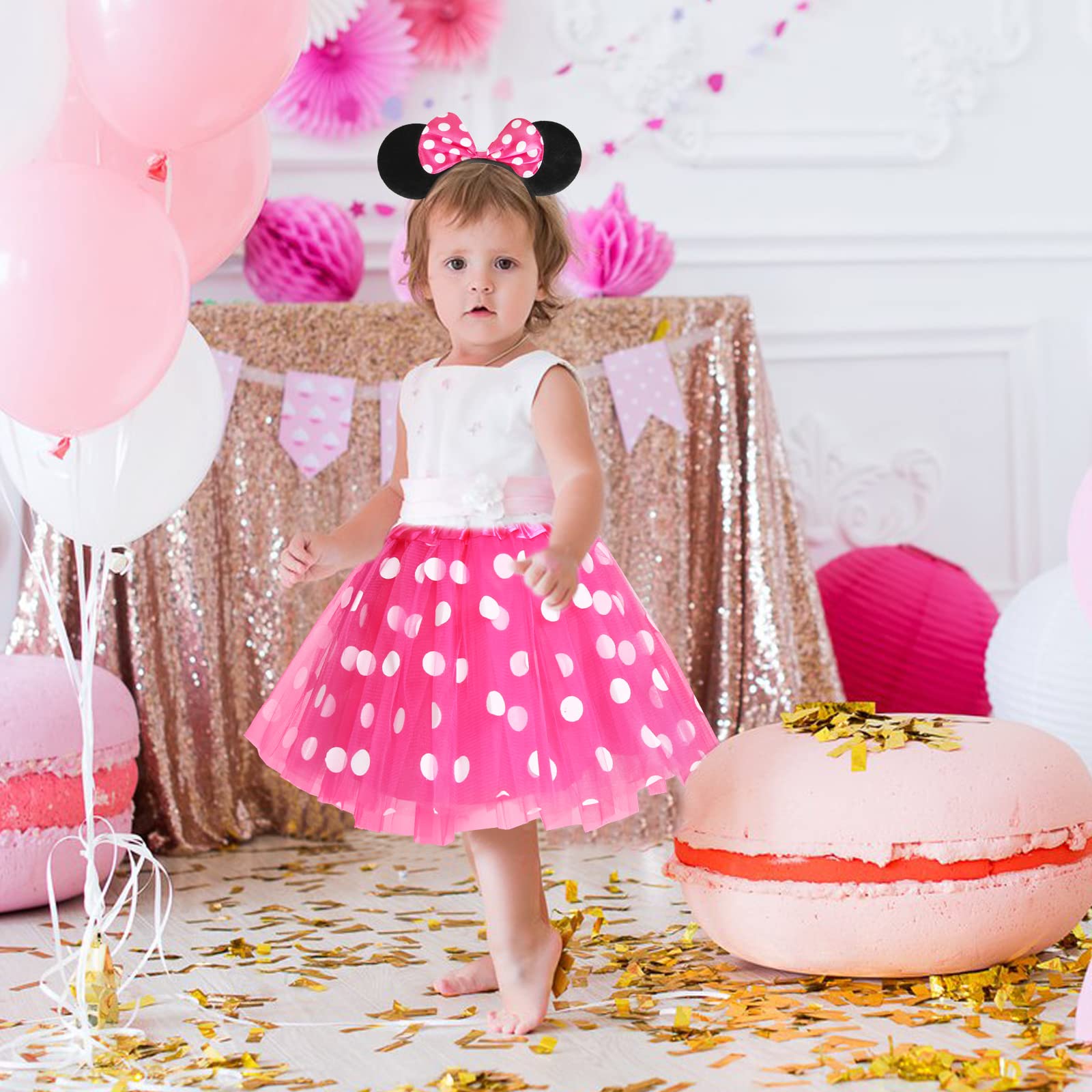 Capaneus Disfraz de Carnaval Mouse para Niña,Tutu Falda con Orejas de Ratón Aro de Pelo,Bebé Chicas Disfraz de Ratón,Conjunto de Disfraz para Carnaval Halloween Cosplay Fiesta Cumpleaño-Rosa &Rojo