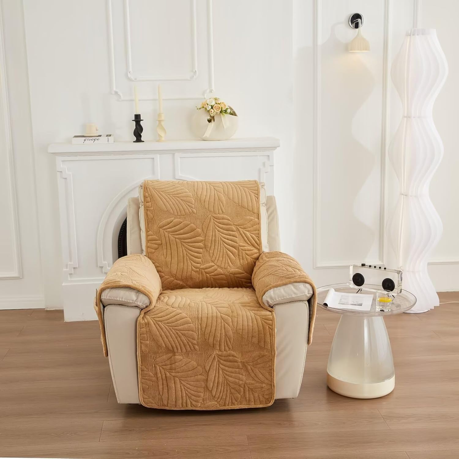 Gold Recliner Chair Cover 1 Piece Super Soft Jacquard Plush Microfiber Velvet Recliner Slipcovers for Dogs Cats Kids Stay in Place Non Slip Waterproof Washable Reclining Chair Covers 23.6"
