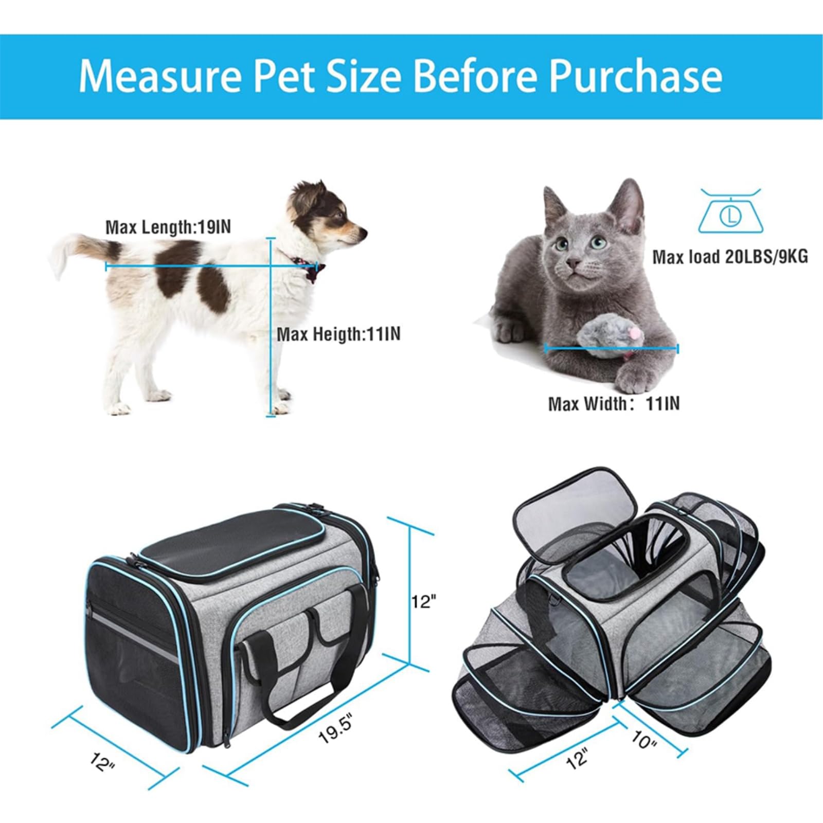 Borsa Viaggio Animali Carrier di per Domestici Espandibile A Lato Morbido Piccoli Cani E Gatti, Pieghevole Approvata dalla Compagnia Aerea con Ingresso 4 Vie-Deep Blue-s