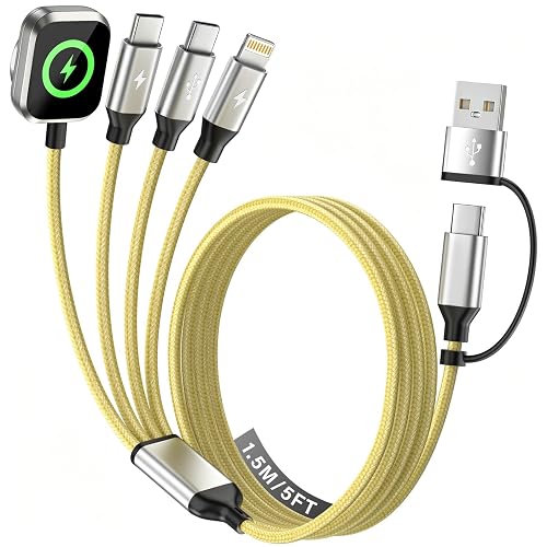 Travel Essentials Multi Charging Cable for iWatch Charger/iPhone 17, 5FT | 4 IN 2 USBA/C Cable with Dual Type-C Ports, iPhone Watch Charger, Charging Cords for Multiple Devices, Travel Multi Charger