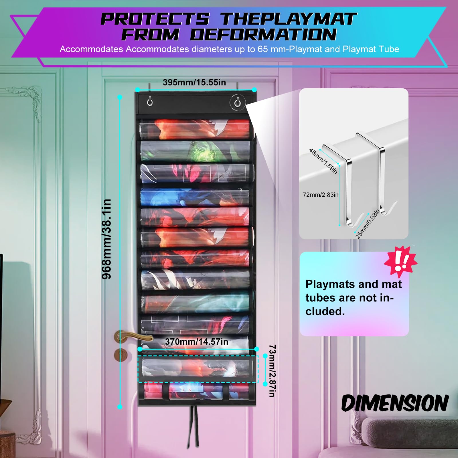 great dachong Playmat Tube Storage Bag, Transparent Portable Playmat Case for Game Mat and Tubes, Over-the-Door Design with 2 Hooks, Hangable Playmat Holder with 12+1 Slots